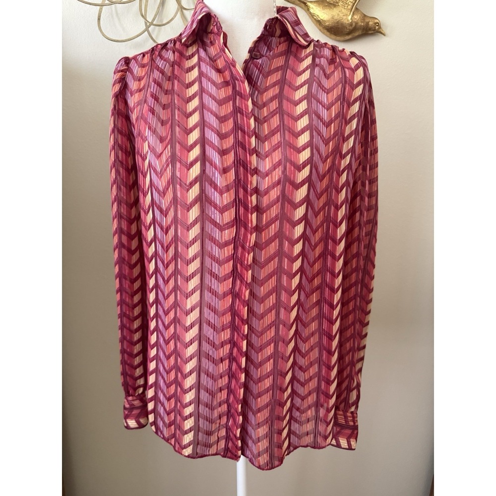 Vintage St John Sheer Chevron‎ Stripe Button Front Blouse Burgundy Purple L USA